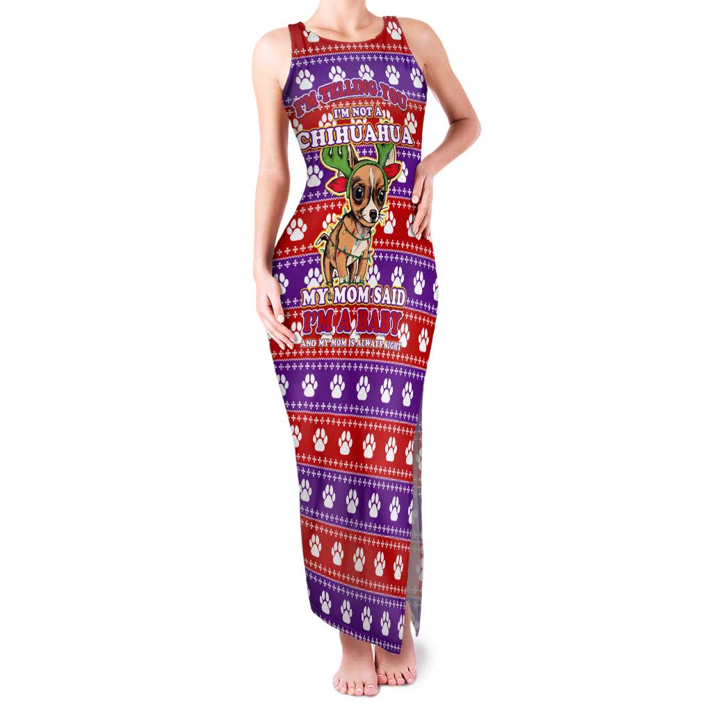 Chihuahua Christmas Family Matching Tank Maxi Dress and Hawaiian Shirt with I’m Not a Chihuahua I’m a Baby Quote and Red Purple Christmas Pattern - Wonder Print Shop