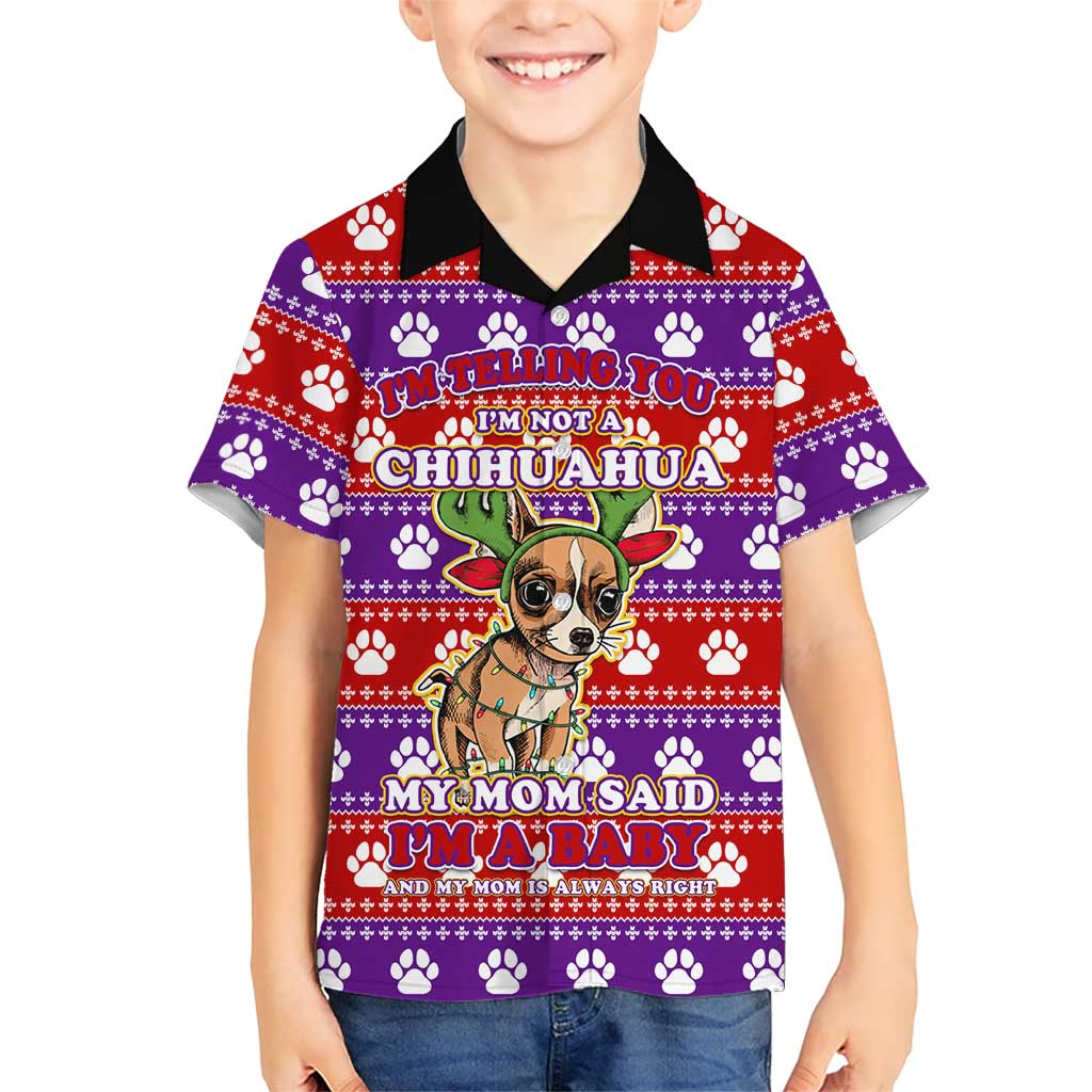 Chihuahua Christmas Family Matching Tank Maxi Dress and Hawaiian Shirt with I’m Not a Chihuahua I’m a Baby Quote and Red Purple Christmas Pattern - Wonder Print Shop
