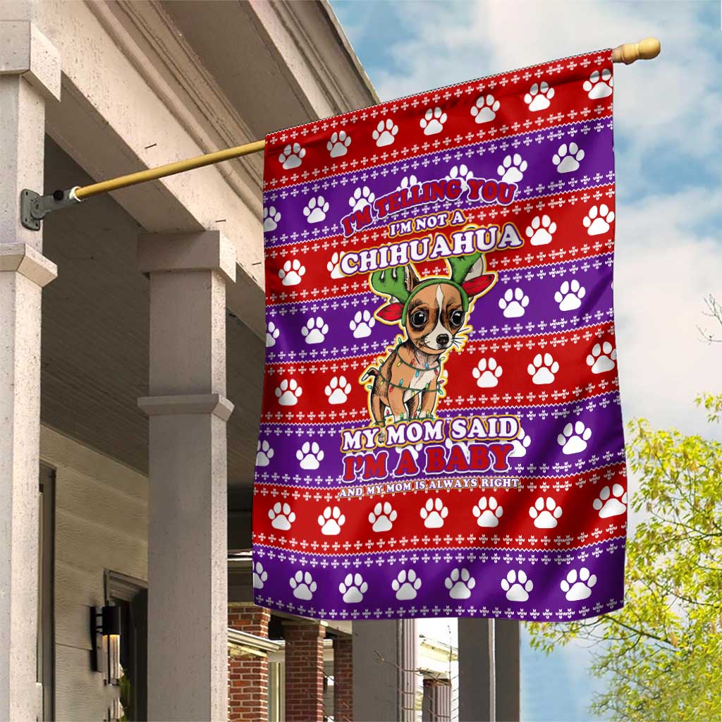 Chihuahua Christmas Garden Flag with I’m Not a Chihuahua I’m a Baby Quote and Red Purple Christmas Pattern - Wonder Print Shop