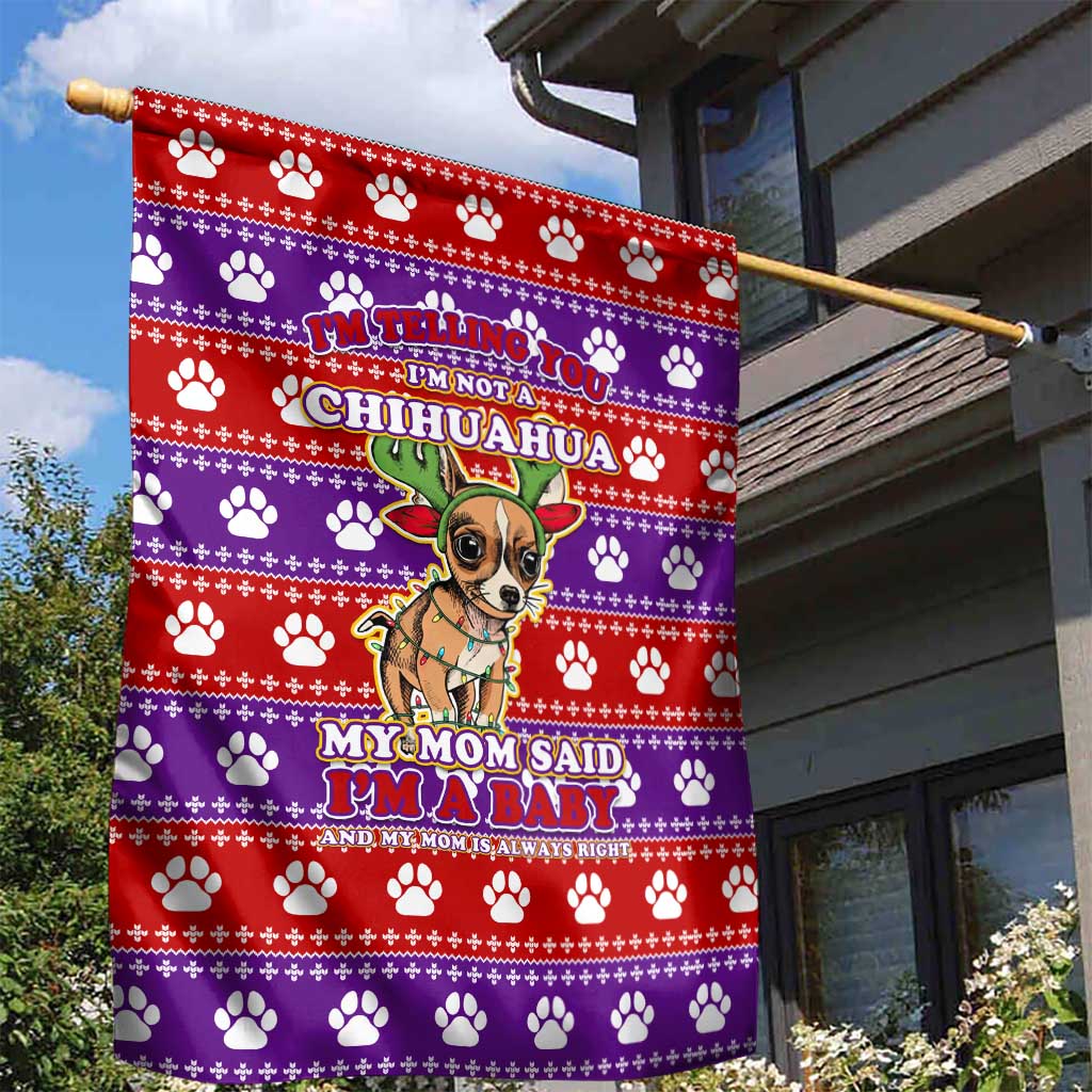 Chihuahua Christmas Garden Flag with I’m Not a Chihuahua I’m a Baby Quote and Red Purple Christmas Pattern - Wonder Print Shop