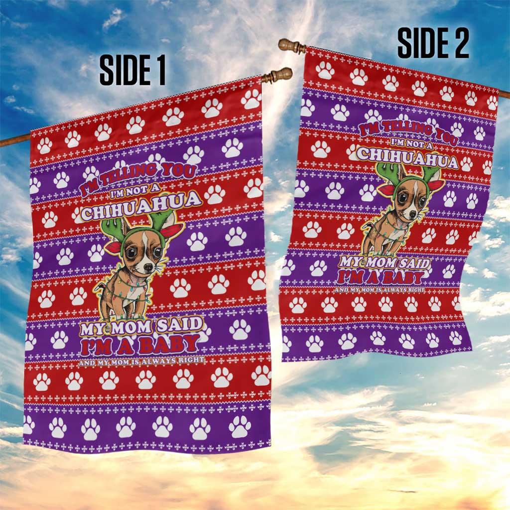 Chihuahua Christmas Garden Flag with I’m Not a Chihuahua I’m a Baby Quote and Red Purple Christmas Pattern - Wonder Print Shop