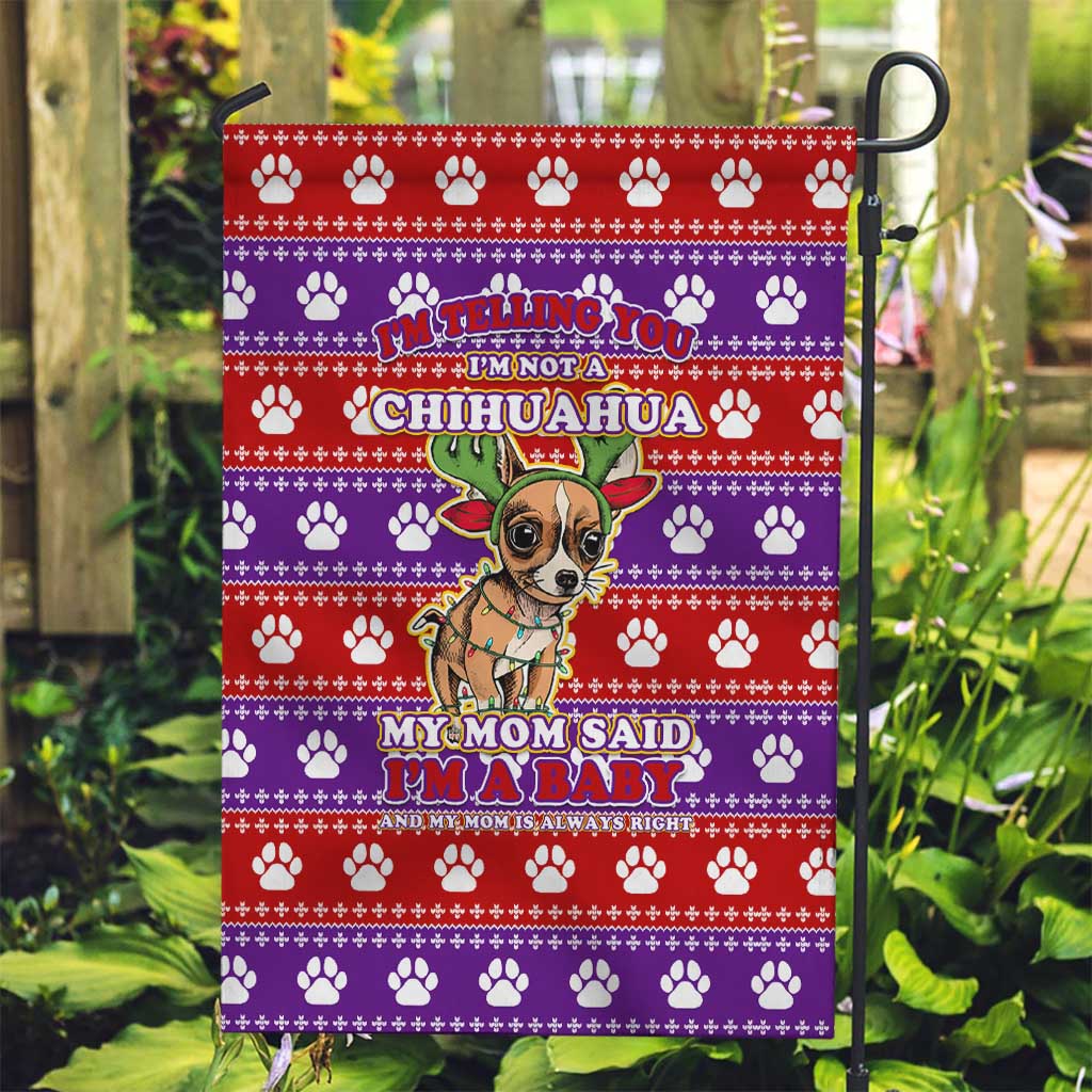 Chihuahua Christmas Garden Flag with I’m Not a Chihuahua I’m a Baby Quote and Red Purple Christmas Pattern - Wonder Print Shop