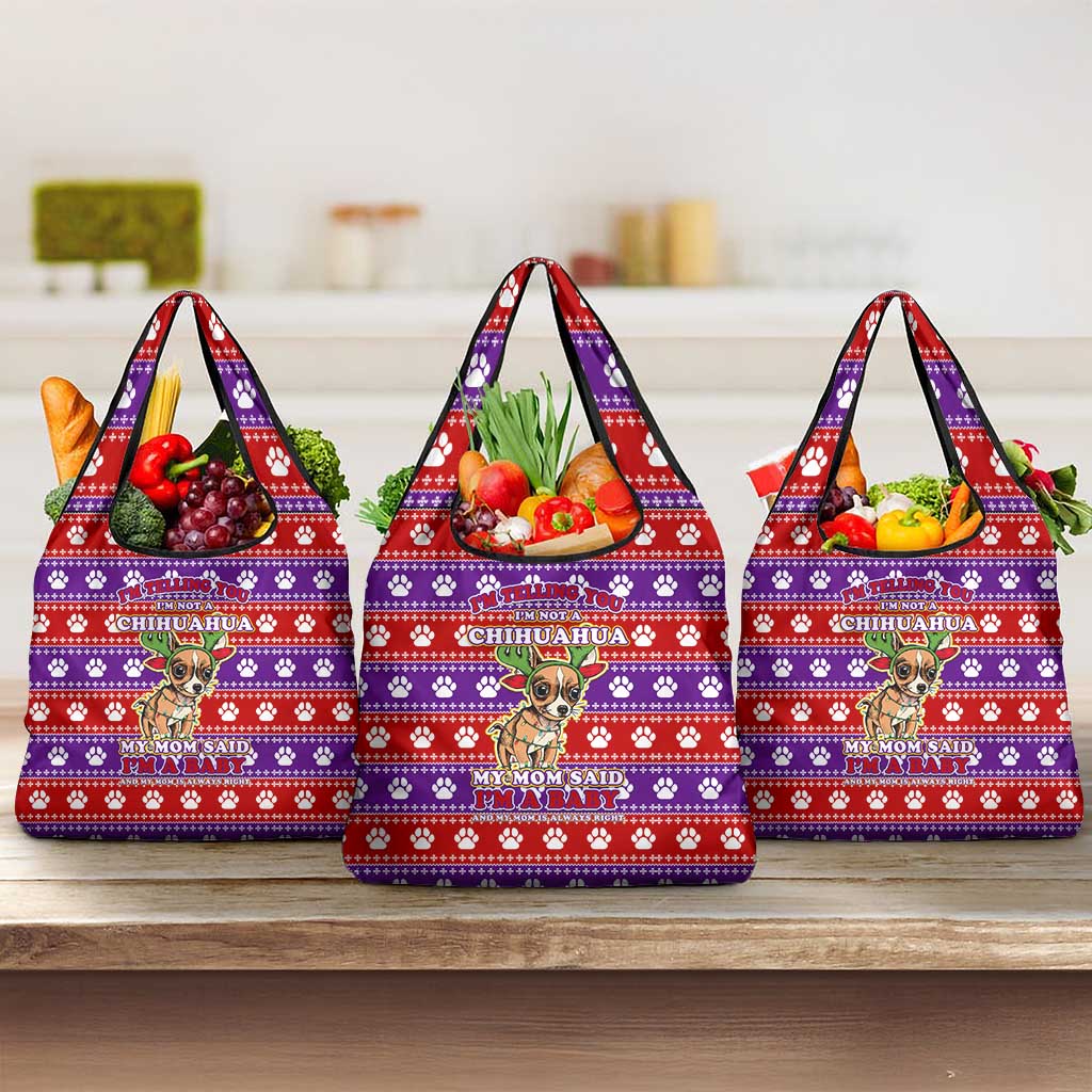 Chihuahua Christmas Grocery Bag with I’m Not a Chihuahua I’m a Baby Quote and Red Purple Christmas Pattern - Wonder Print Shop