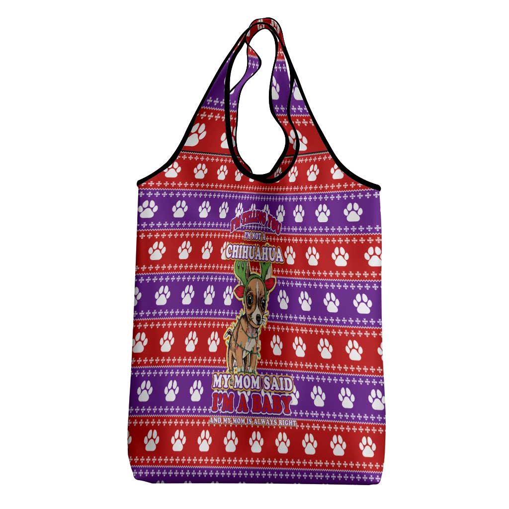 Chihuahua Christmas Grocery Bag with I’m Not a Chihuahua I’m a Baby Quote and Red Purple Christmas Pattern - Wonder Print Shop