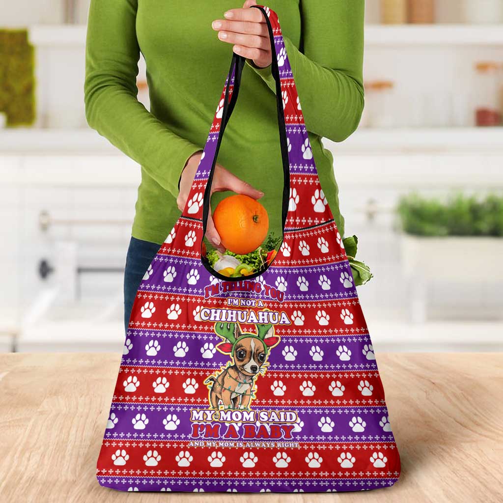 Chihuahua Christmas Grocery Bag with I’m Not a Chihuahua I’m a Baby Quote and Red Purple Christmas Pattern - Wonder Print Shop