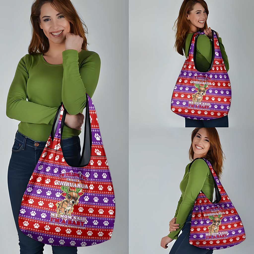 Chihuahua Christmas Grocery Bag with I’m Not a Chihuahua I’m a Baby Quote and Red Purple Christmas Pattern - Wonder Print Shop