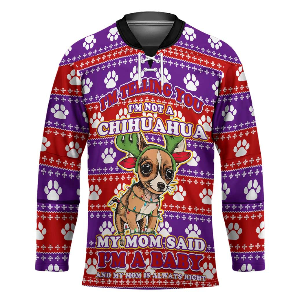 Chihuahua Christmas Hockey Jersey with I’m Not a Chihuahua I’m a Baby Quote and Red Purple Christmas Pattern - Wonder Print Shop