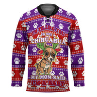 Chihuahua Christmas Hockey Jersey with I’m Not a Chihuahua I’m a Baby Quote and Red Purple Christmas Pattern - Wonder Print Shop