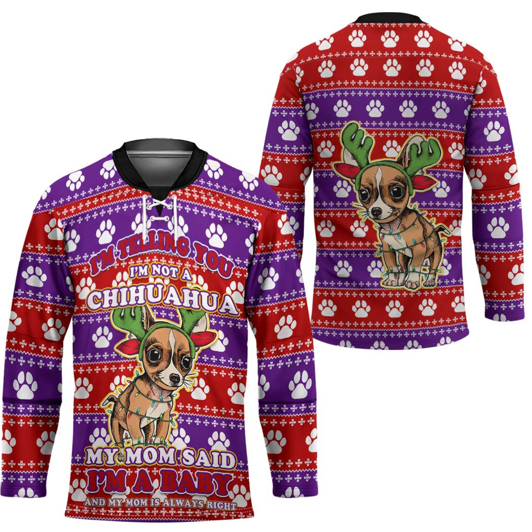 Chihuahua Christmas Hockey Jersey with I’m Not a Chihuahua I’m a Baby Quote and Red Purple Christmas Pattern - Wonder Print Shop
