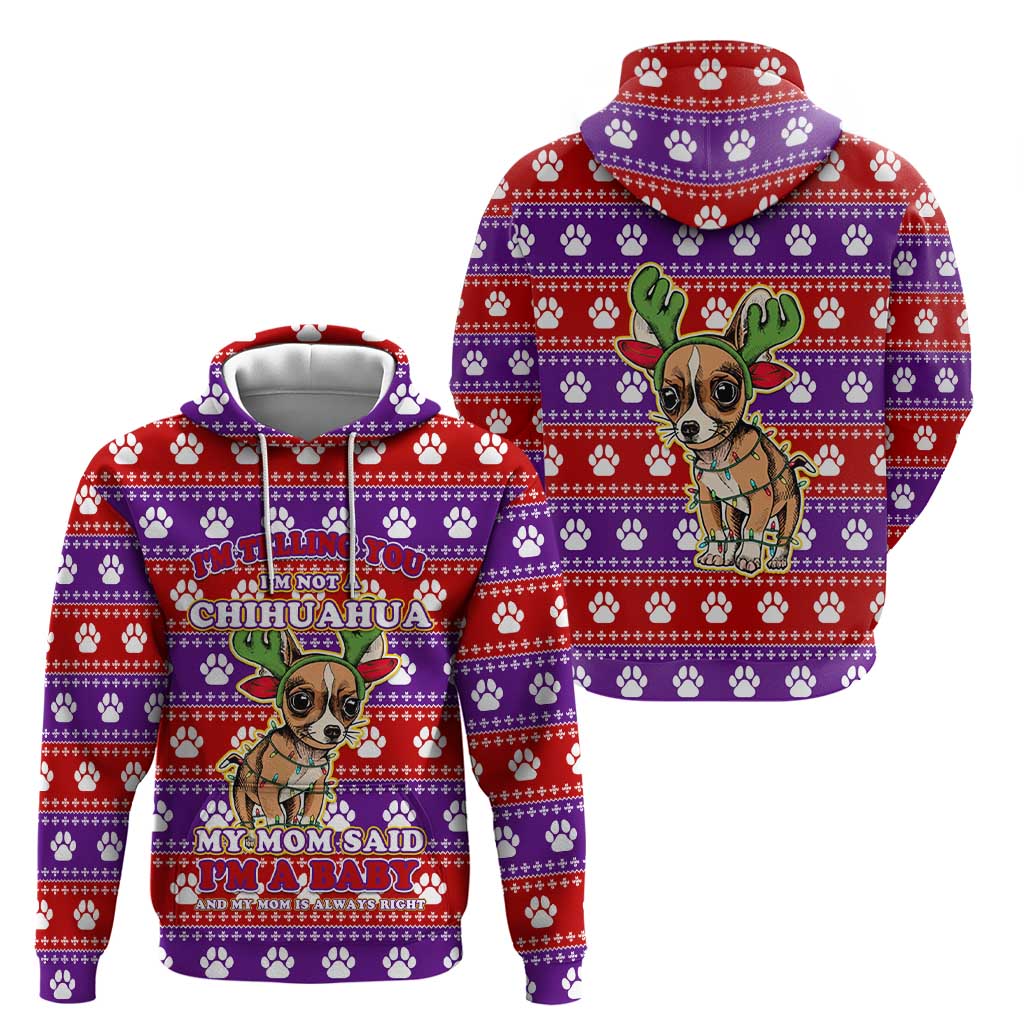 Chihuahua Christmas Hoodie with I’m Not a Chihuahua I’m a Baby Quote and Red Purple Christmas Pattern - Wonder Print Shop