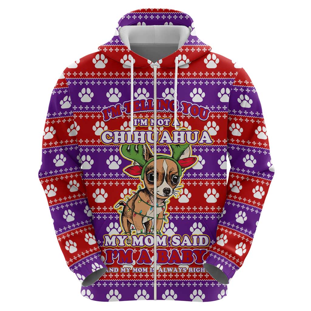 Chihuahua Christmas Hoodie with I’m Not a Chihuahua I’m a Baby Quote and Red Purple Christmas Pattern - Wonder Print Shop