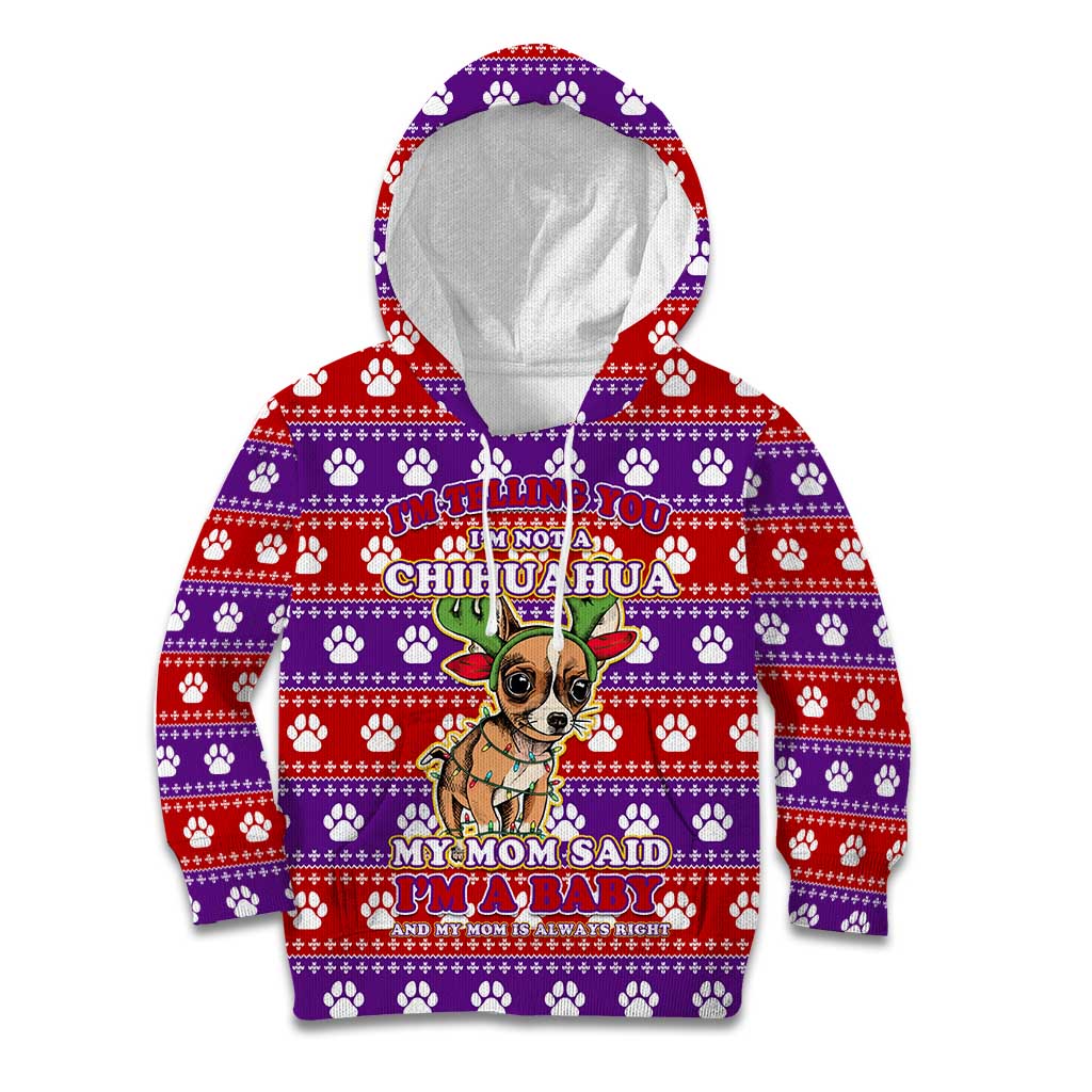 Chihuahua Christmas Kid Hoodie with I’m Not a Chihuahua I’m a Baby Quote and Red Purple Christmas Pattern - Wonder Print Shop