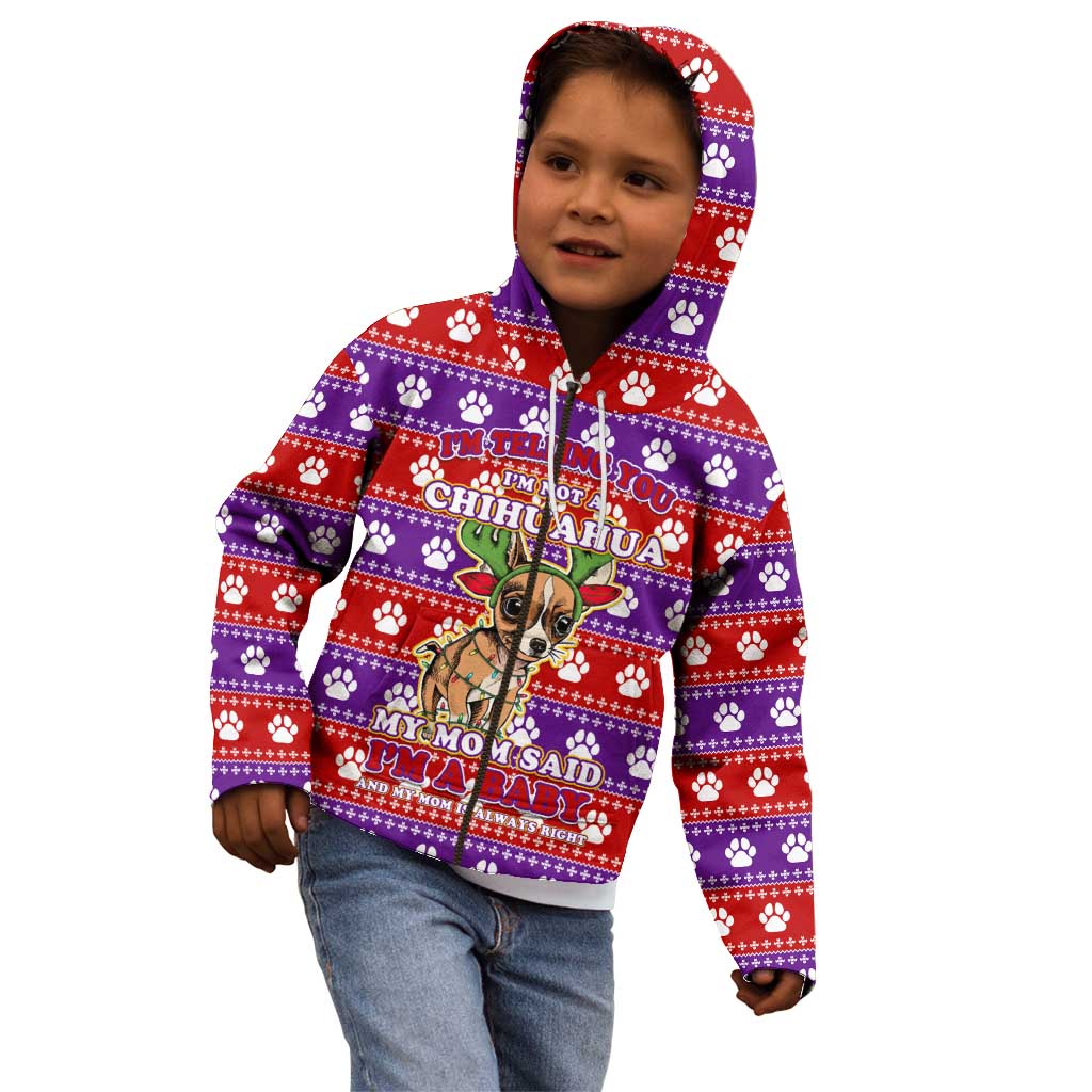 Chihuahua Christmas Kid Hoodie with I’m Not a Chihuahua I’m a Baby Quote and Red Purple Christmas Pattern - Wonder Print Shop