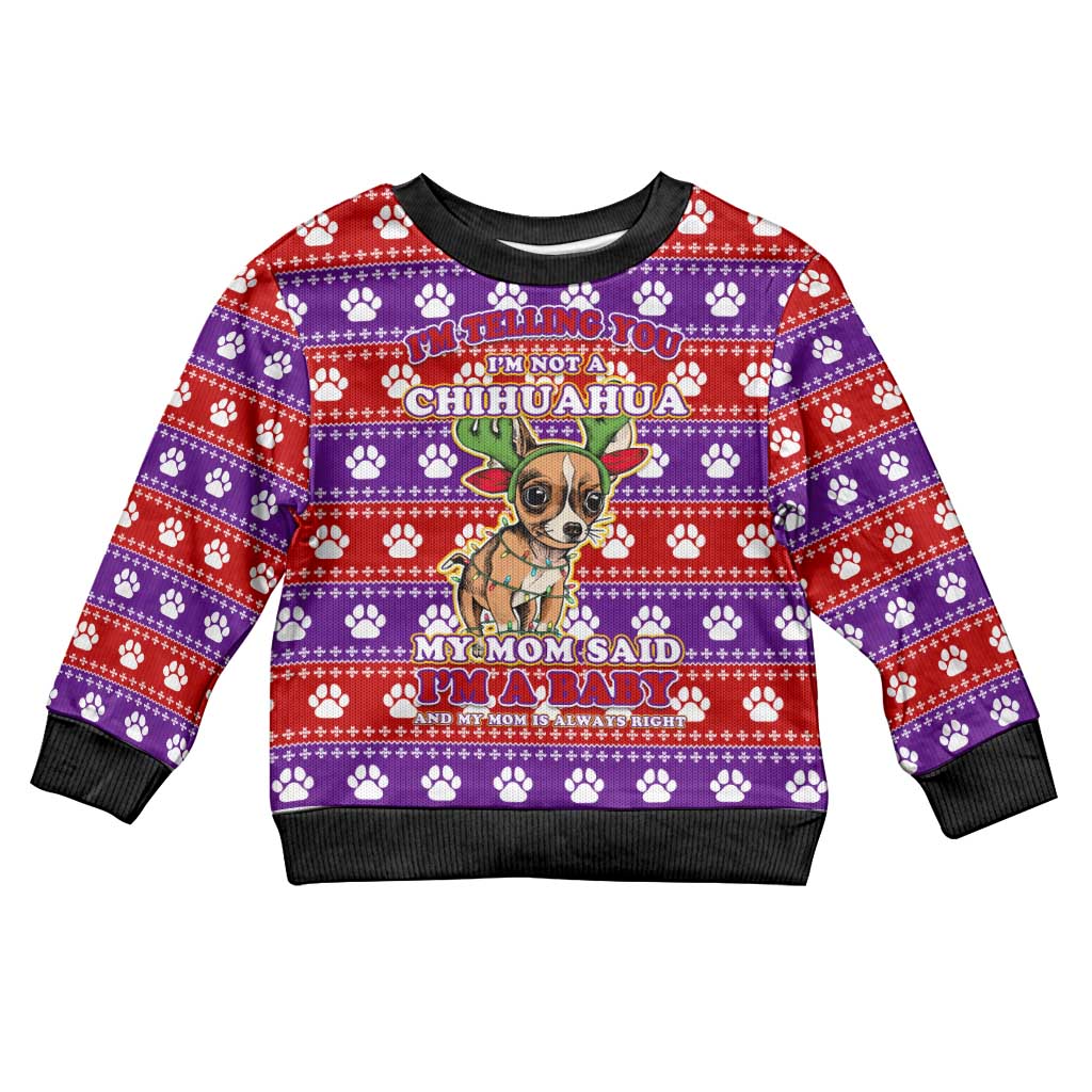 Chihuahua Christmas Kid Ugly Christmas Sweater with I’m Not a Chihuahua I’m a Baby Quote and Red Purple Christmas Pattern - Wonder Print Shop