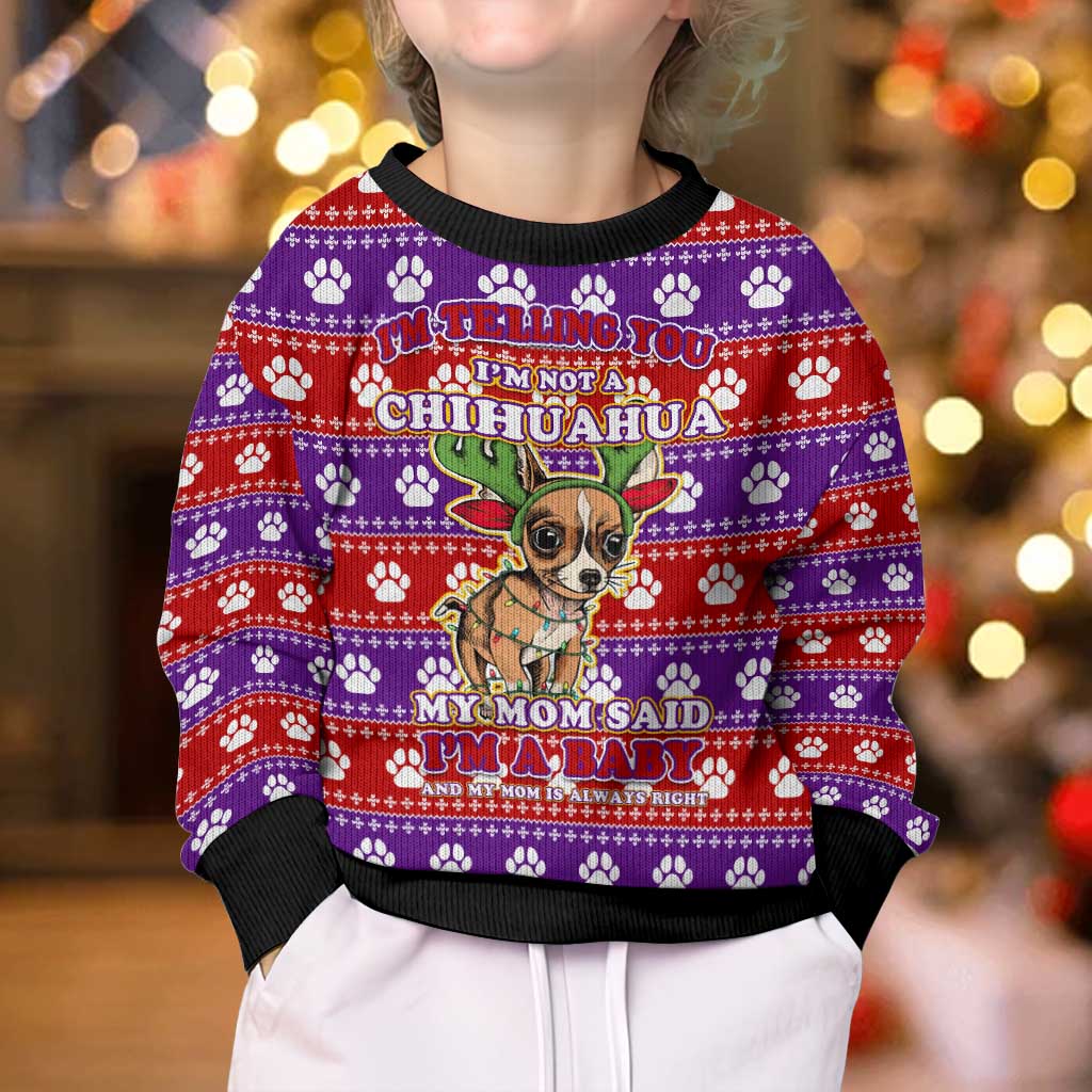 Chihuahua Christmas Kid Ugly Christmas Sweater with I’m Not a Chihuahua I’m a Baby Quote and Red Purple Christmas Pattern - Wonder Print Shop