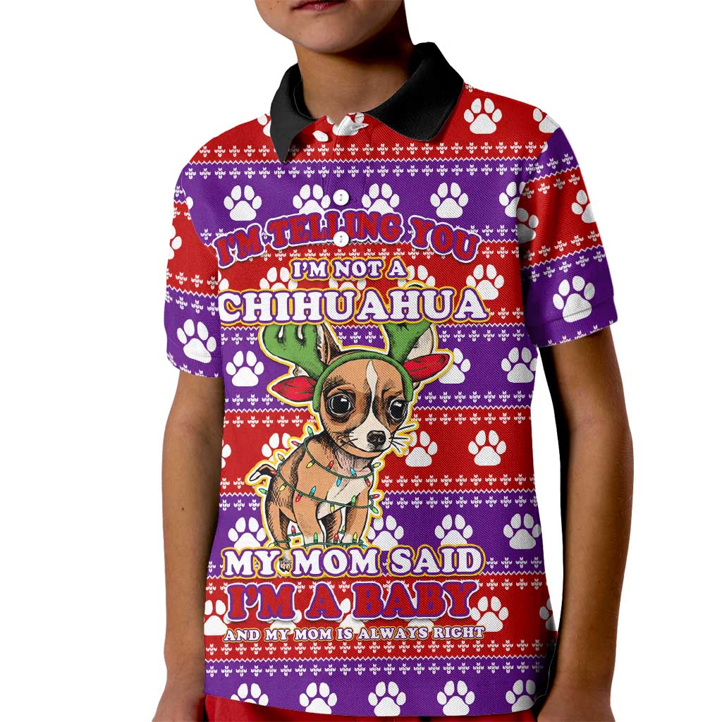 Chihuahua Christmas Kid Polo Shirt with I’m Not a Chihuahua I’m a Baby Quote and Red Purple Christmas Pattern - Wonder Print Shop