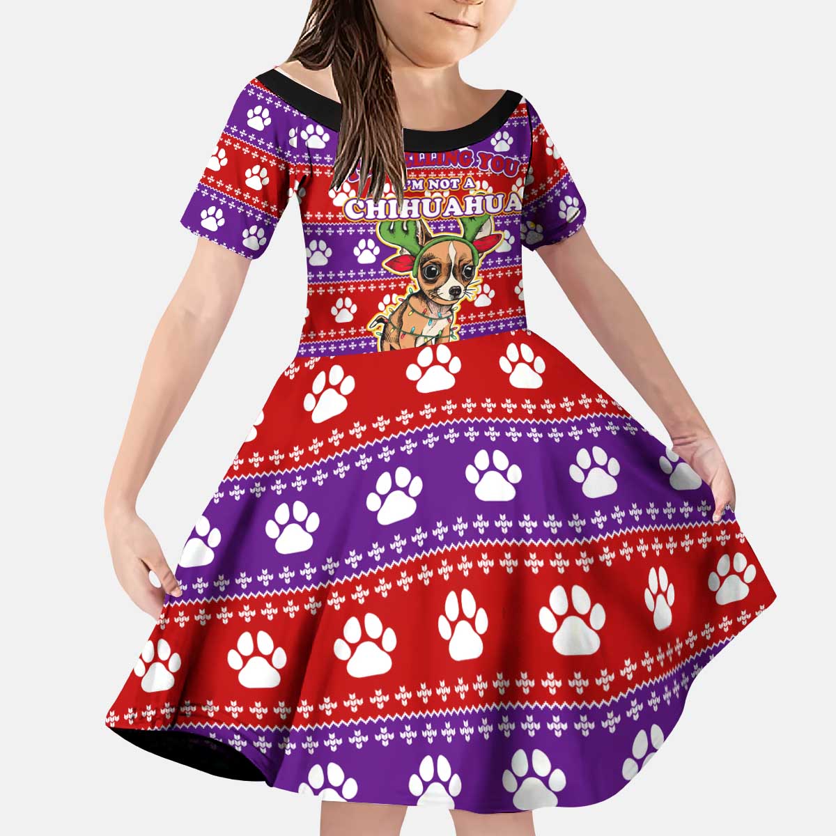 Chihuahua Christmas Kid Short Sleeve Dress with I’m Not a Chihuahua I’m a Baby Quote and Red Purple Christmas Pattern - Wonder Print Shop