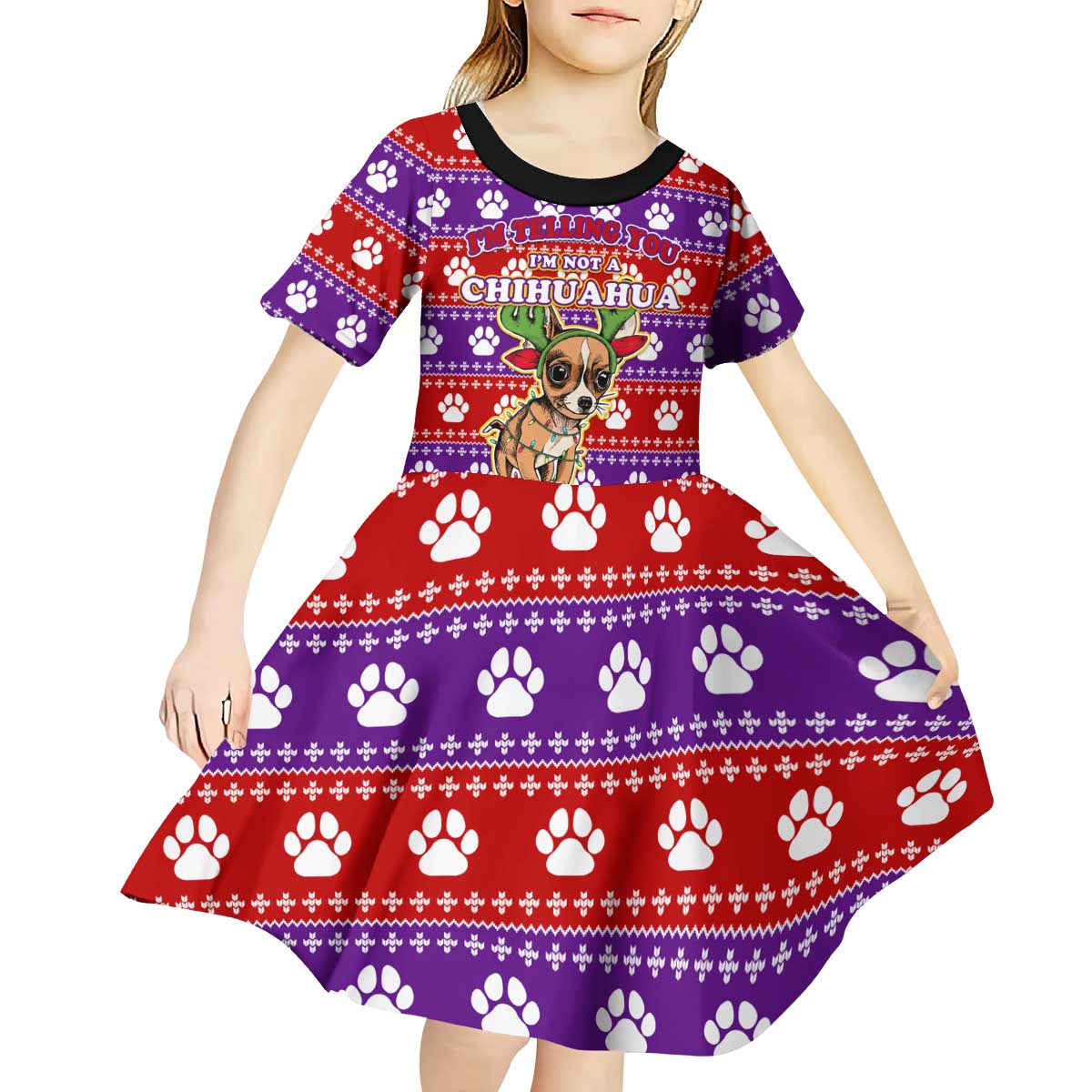 Chihuahua Christmas Kid Short Sleeve Dress with I’m Not a Chihuahua I’m a Baby Quote and Red Purple Christmas Pattern - Wonder Print Shop