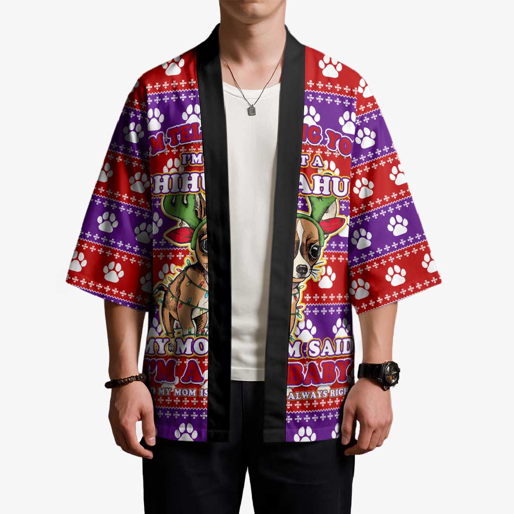 Chihuahua Christmas Kimono with I’m Not a Chihuahua I’m a Baby Quote and Red Purple Christmas Pattern - Wonder Print Shop
