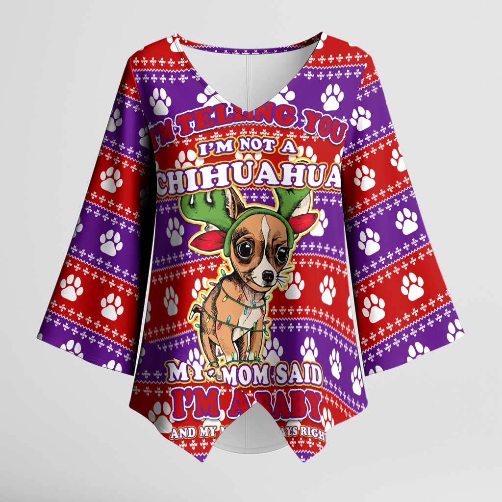 Chihuahua Christmas Kimono Sleeve Blouse with I’m Not a Chihuahua I’m a Baby Quote and Red Purple Christmas Pattern - Wonder Print Shop