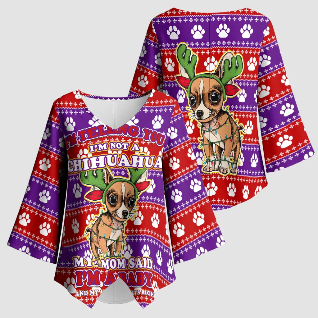 Chihuahua Christmas Kimono Sleeve Blouse with I’m Not a Chihuahua I’m a Baby Quote and Red Purple Christmas Pattern - Wonder Print Shop