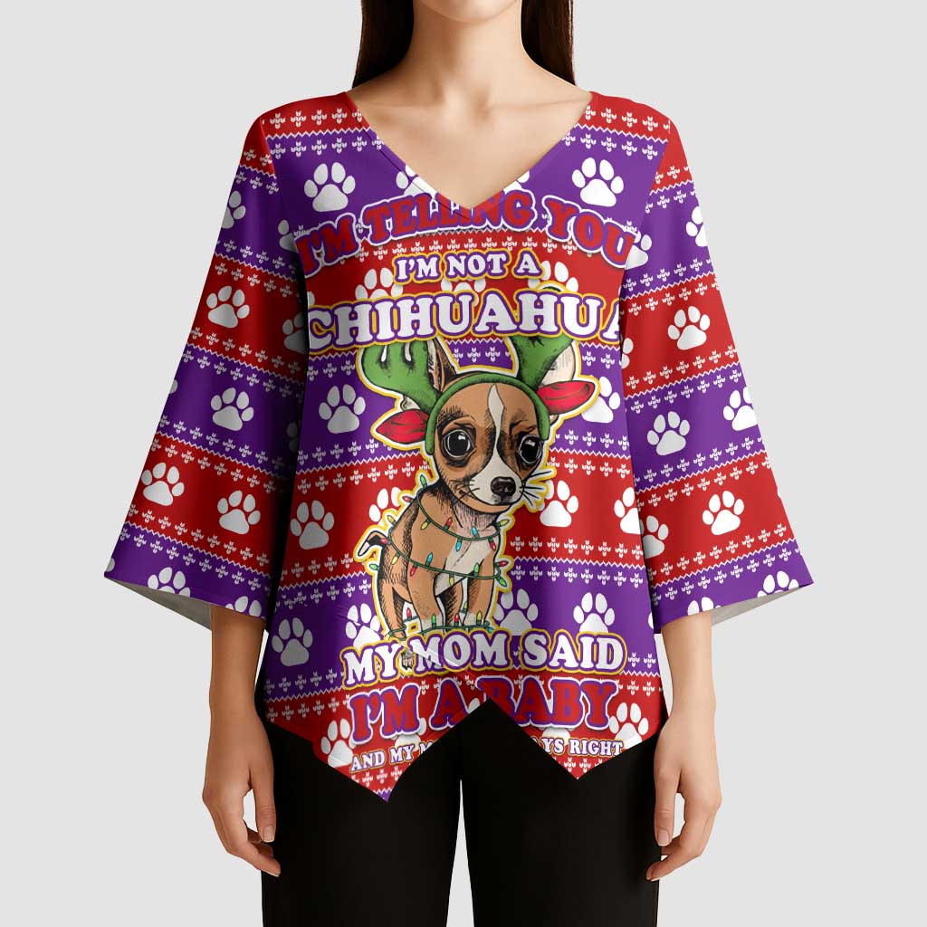 Chihuahua Christmas Kimono Sleeve Blouse with I’m Not a Chihuahua I’m a Baby Quote and Red Purple Christmas Pattern - Wonder Print Shop
