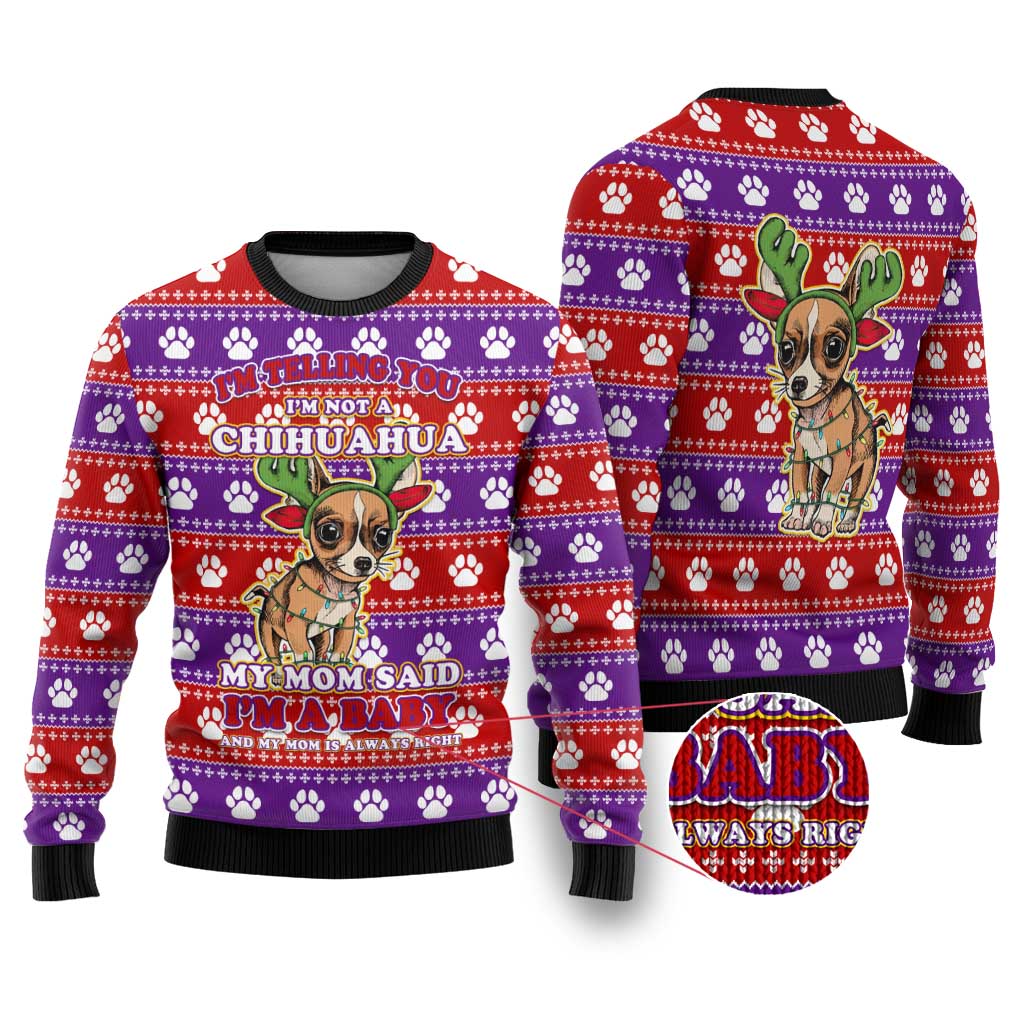 Chihuahua Christmas Ugly Christmas Sweater with I’m Not a Chihuahua I’m a Baby Quote and Red Purple Christmas Pattern - Wonder Print Shop