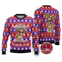 Chihuahua Christmas Ugly Christmas Sweater with I’m Not a Chihuahua I’m a Baby Quote and Red Purple Christmas Pattern - Wonder Print Shop