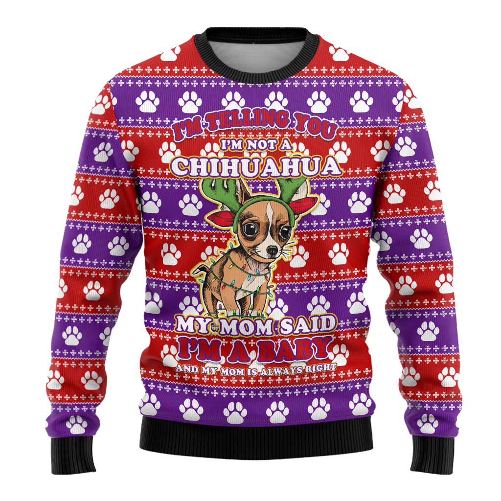 Chihuahua Christmas Ugly Christmas Sweater with I’m Not a Chihuahua I’m a Baby Quote and Red Purple Christmas Pattern - Wonder Print Shop