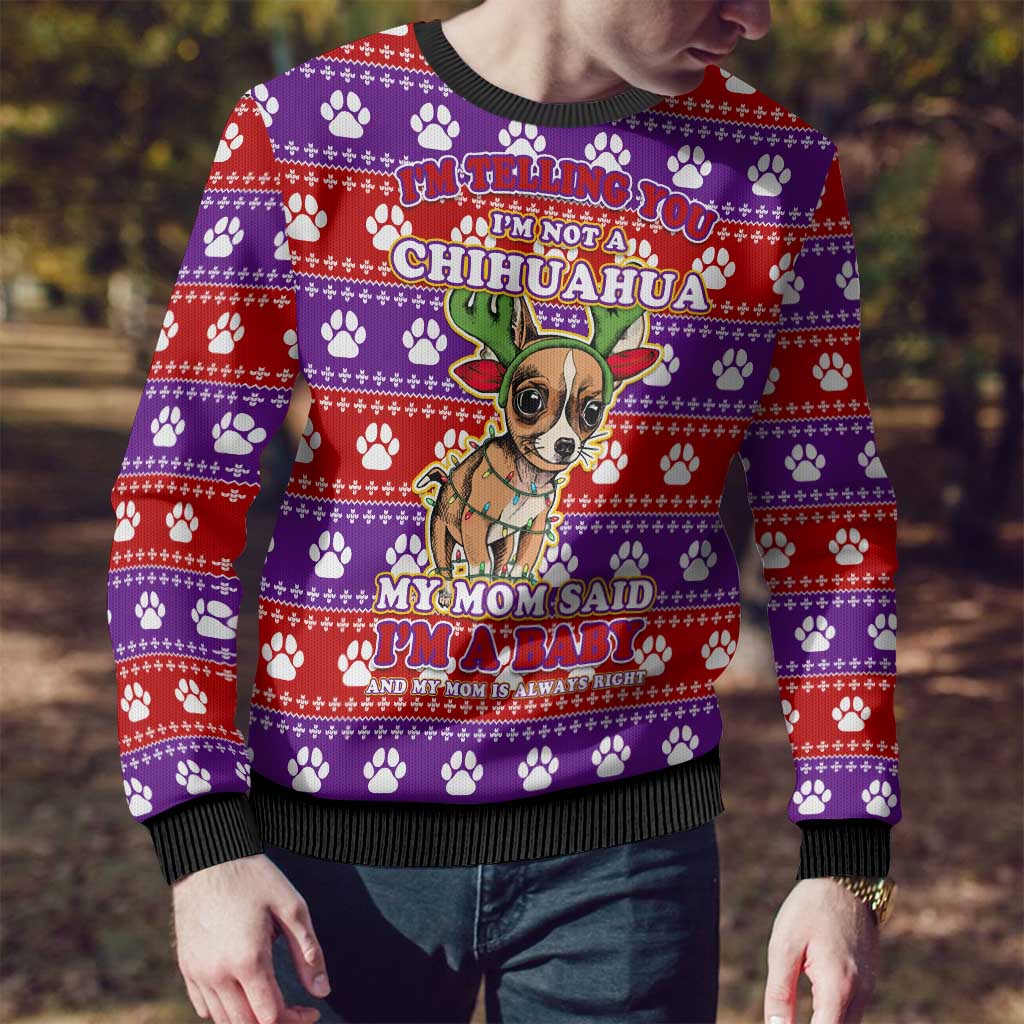 Chihuahua Christmas Ugly Christmas Sweater with I’m Not a Chihuahua I’m a Baby Quote and Red Purple Christmas Pattern - Wonder Print Shop