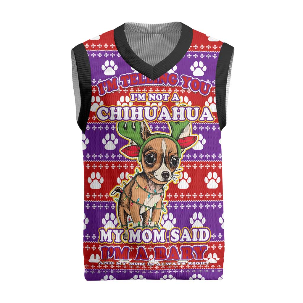 Chihuahua Christmas Knitted V-Neck Vest with I’m Not a Chihuahua I’m a Baby Quote and Red Purple Christmas Pattern - Wonder Print Shop