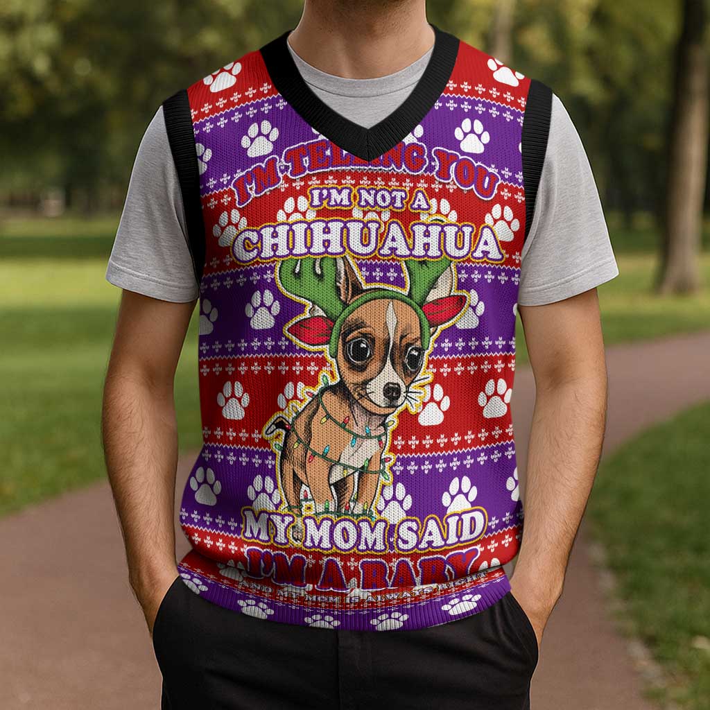 Chihuahua Christmas Knitted V-Neck Vest with I’m Not a Chihuahua I’m a Baby Quote and Red Purple Christmas Pattern - Wonder Print Shop