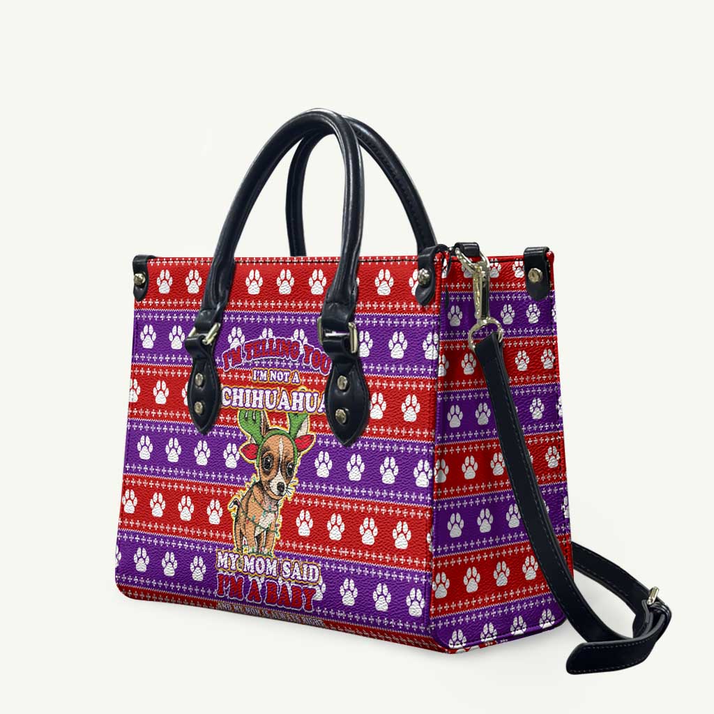 Chihuahua Christmas Leather Bag with I’m Not a Chihuahua I’m a Baby Quote and Red Purple Christmas Pattern - Wonder Print Shop