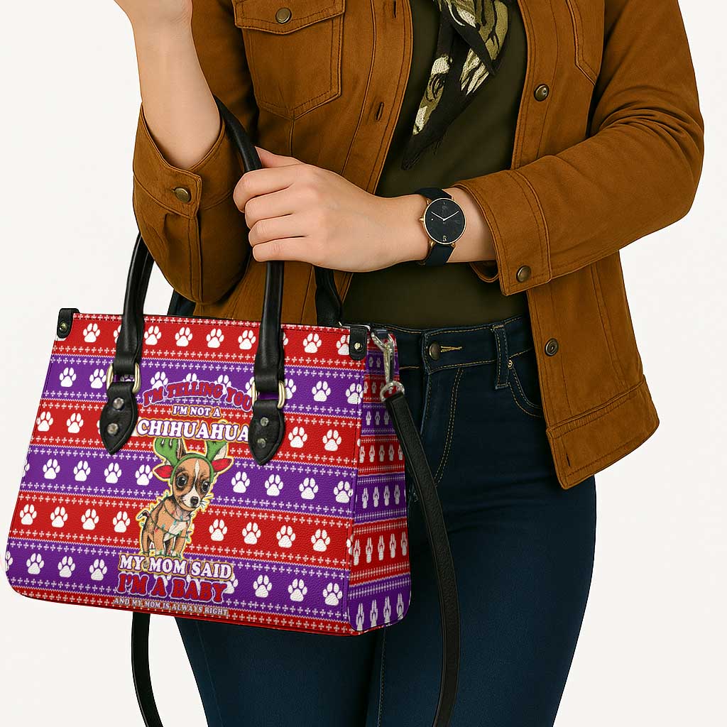 Chihuahua Christmas Leather Bag with I’m Not a Chihuahua I’m a Baby Quote and Red Purple Christmas Pattern - Wonder Print Shop