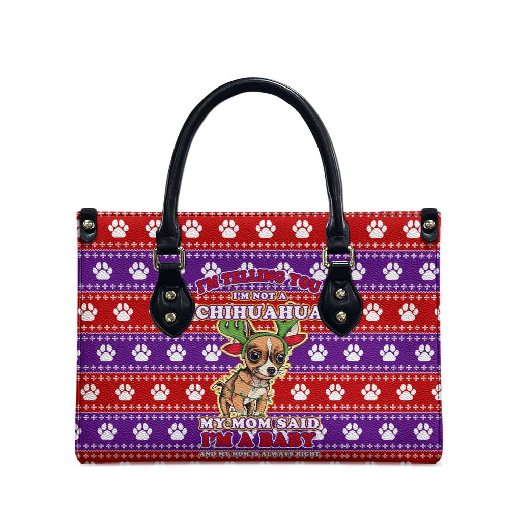 Chihuahua Christmas Leather Bag with I’m Not a Chihuahua I’m a Baby Quote and Red Purple Christmas Pattern - Wonder Print Shop