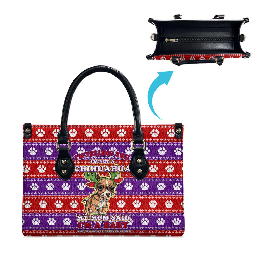 Chihuahua Christmas Leather Bag with I’m Not a Chihuahua I’m a Baby Quote and Red Purple Christmas Pattern - Wonder Print Shop