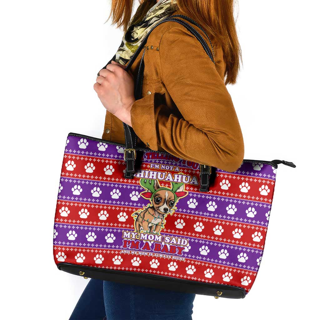 Chihuahua Christmas Leather Tote Bag with I’m Not a Chihuahua I’m a Baby Quote and Red Purple Christmas Pattern - Wonder Print Shop