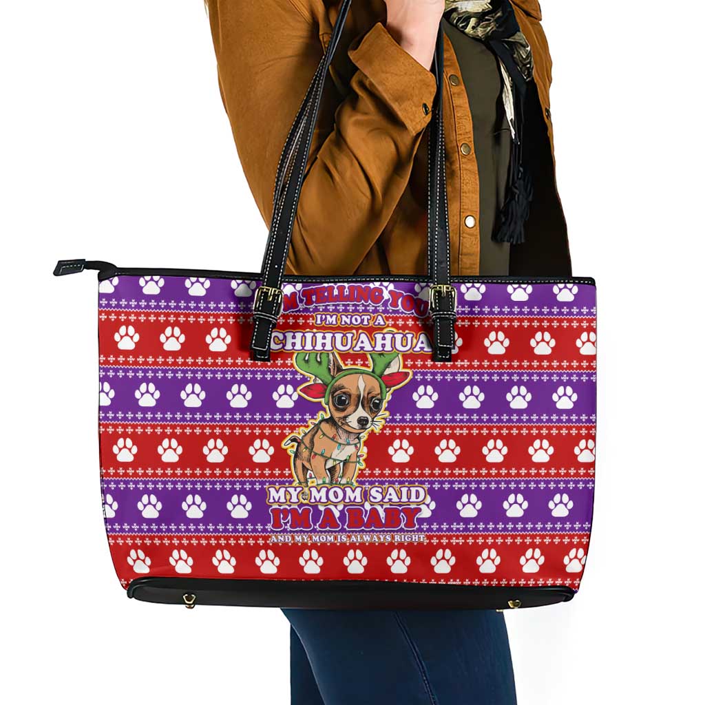 Chihuahua Christmas Leather Tote Bag with I’m Not a Chihuahua I’m a Baby Quote and Red Purple Christmas Pattern - Wonder Print Shop