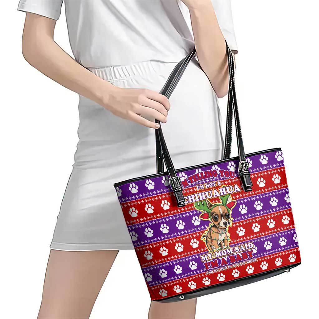 Chihuahua Christmas Leather Tote Bag with I’m Not a Chihuahua I’m a Baby Quote and Red Purple Christmas Pattern - Wonder Print Shop