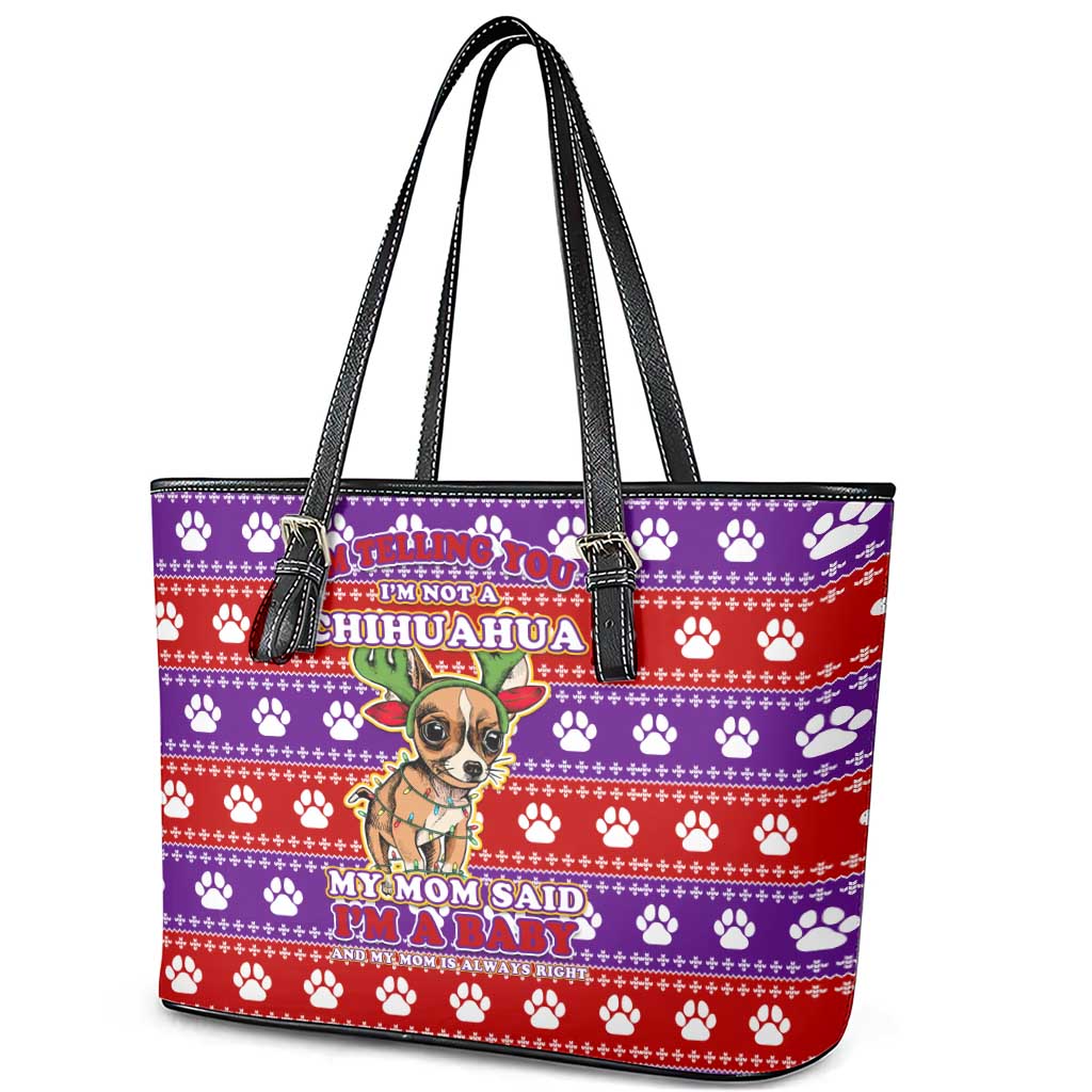 Chihuahua Christmas Leather Tote Bag with I’m Not a Chihuahua I’m a Baby Quote and Red Purple Christmas Pattern - Wonder Print Shop