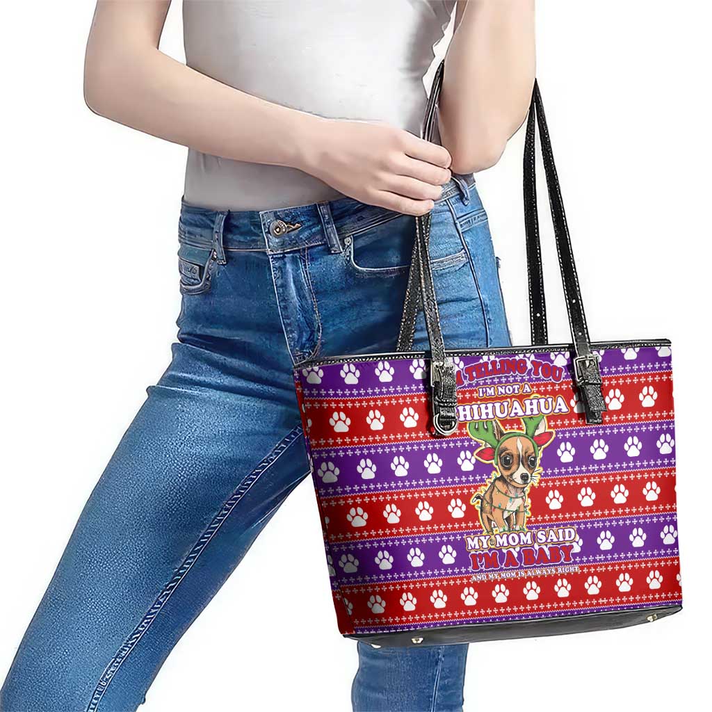 Chihuahua Christmas Leather Tote Bag with I’m Not a Chihuahua I’m a Baby Quote and Red Purple Christmas Pattern - Wonder Print Shop