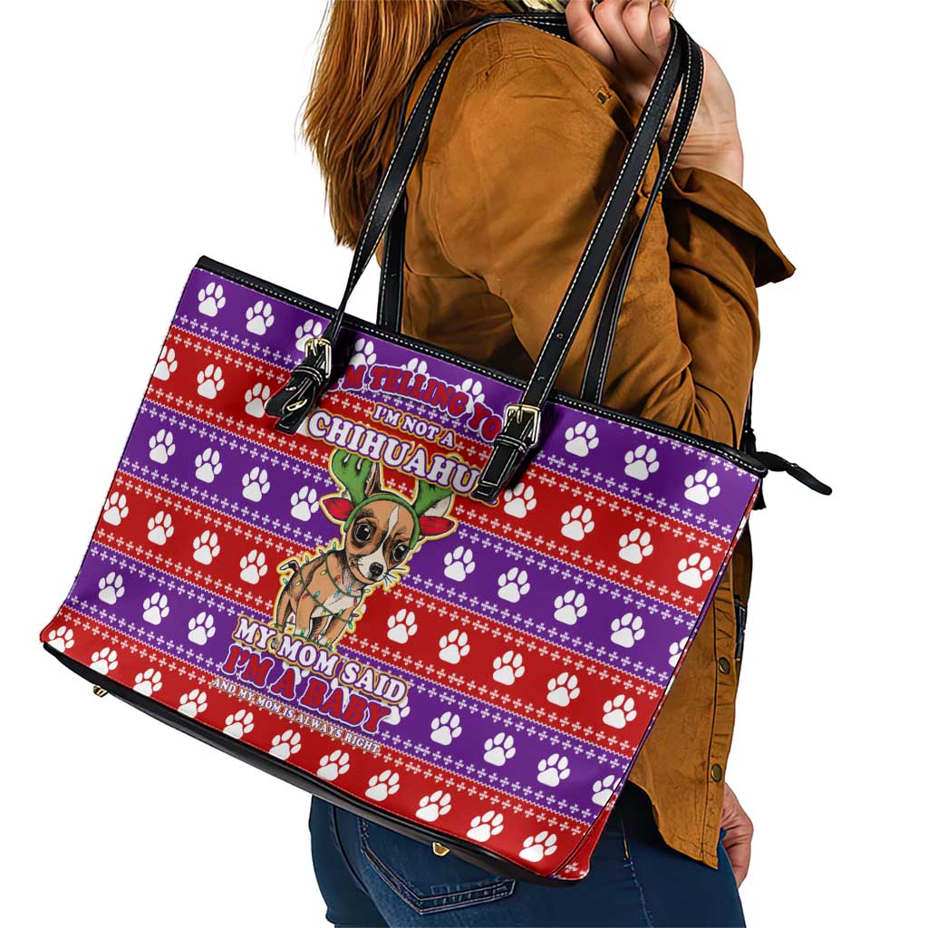 Chihuahua Christmas Leather Tote Bag with I’m Not a Chihuahua I’m a Baby Quote and Red Purple Christmas Pattern - Wonder Print Shop