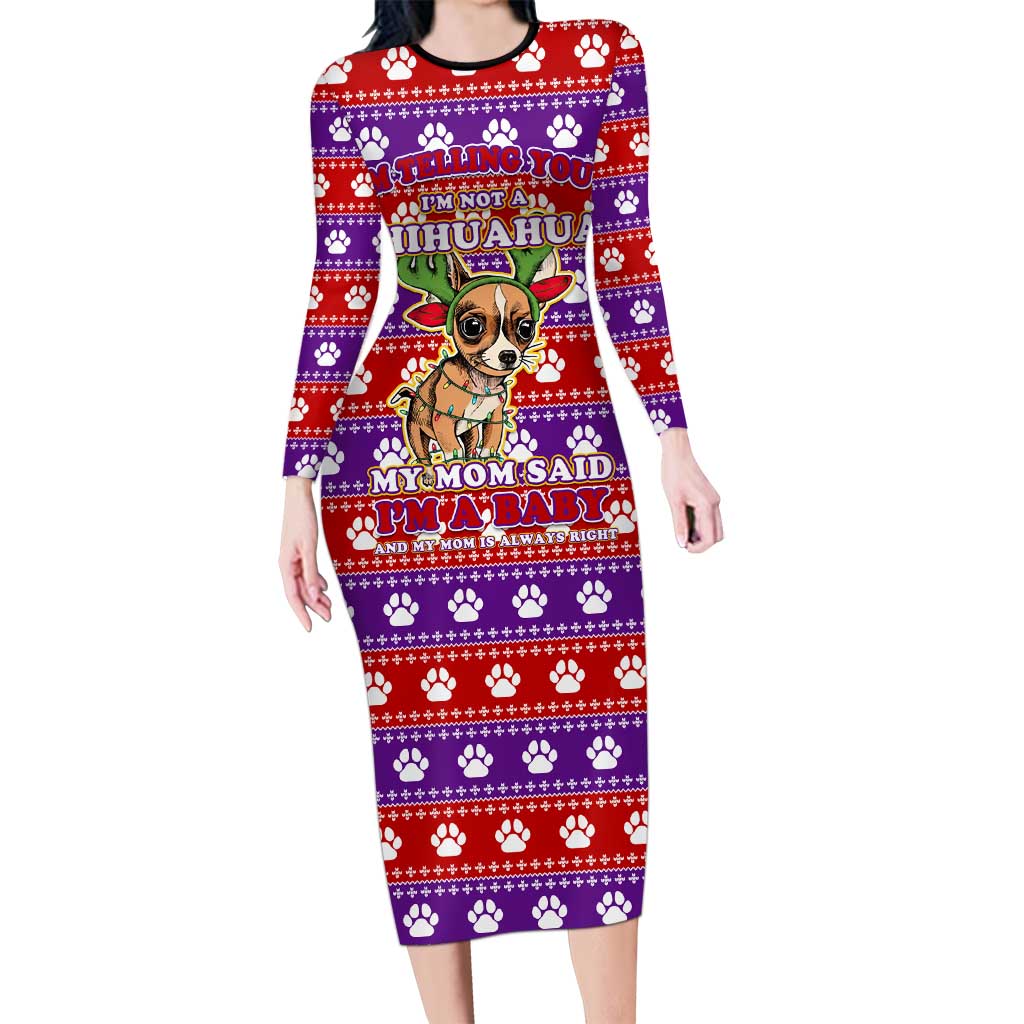 Chihuahua Christmas Long Sleeve Bodycon Dress with I’m Not a Chihuahua I’m a Baby Quote and Red Purple Christmas Pattern - Wonder Print Shop