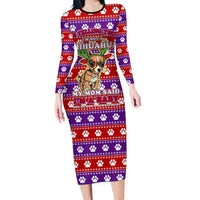 Chihuahua Christmas Long Sleeve Bodycon Dress with I’m Not a Chihuahua I’m a Baby Quote and Red Purple Christmas Pattern - Wonder Print Shop