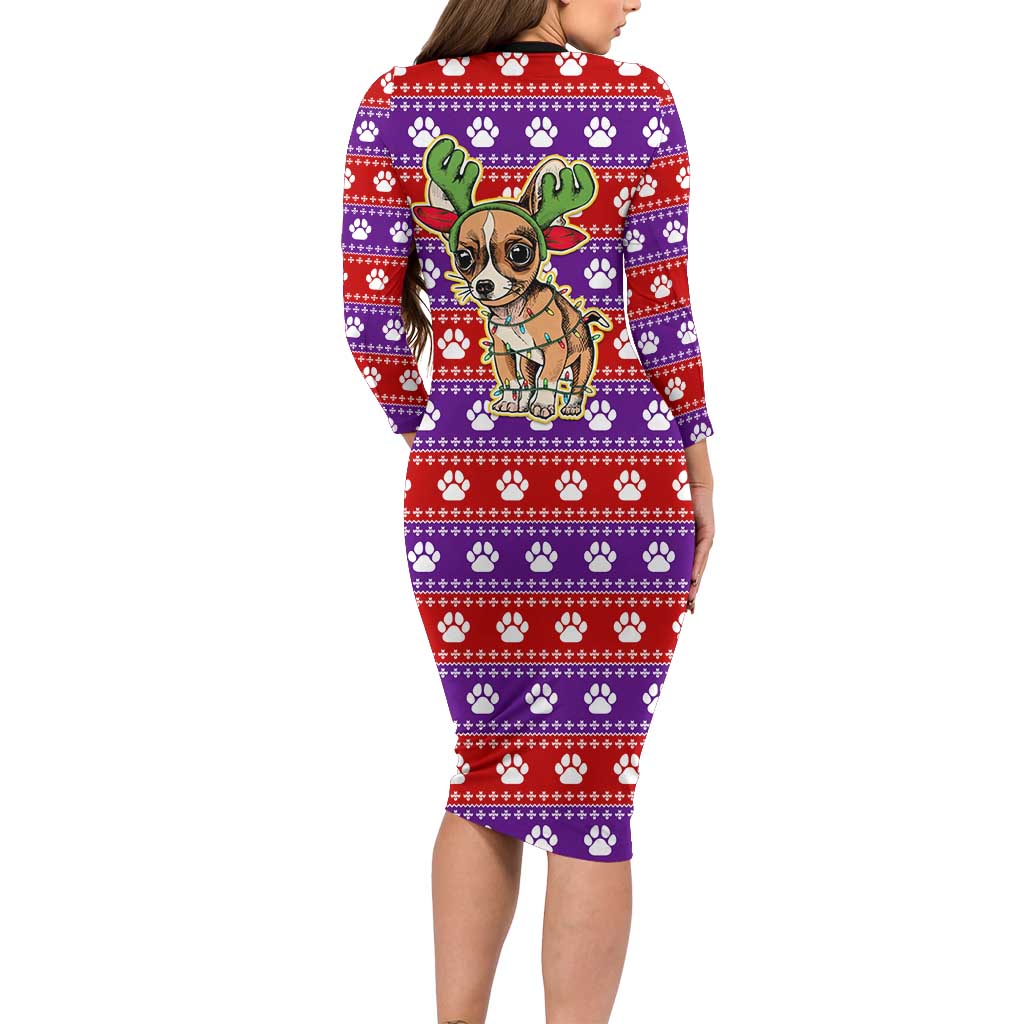 Chihuahua Christmas Long Sleeve Bodycon Dress with I’m Not a Chihuahua I’m a Baby Quote and Red Purple Christmas Pattern - Wonder Print Shop