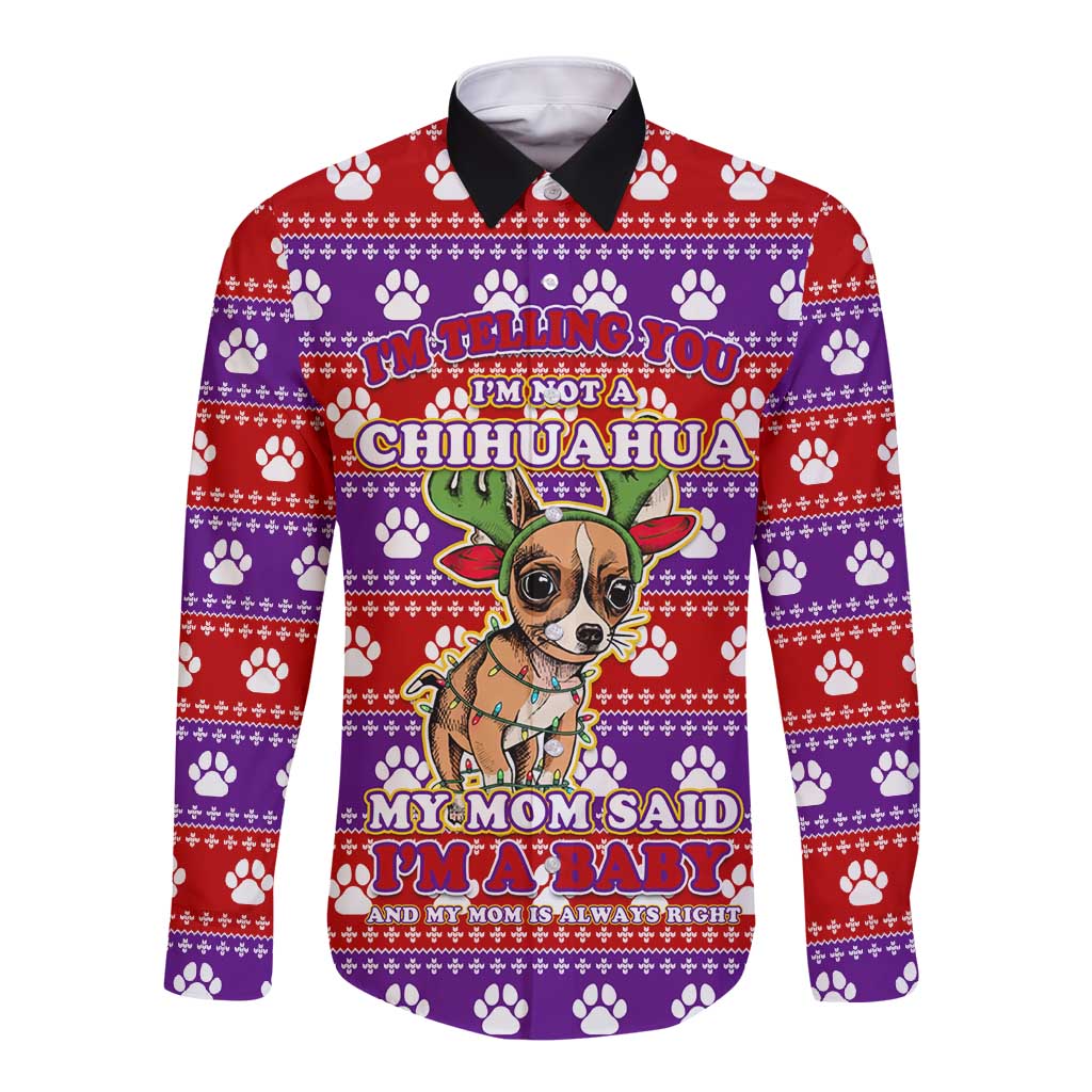Chihuahua Christmas Long Sleeve Button Shirt with I’m Not a Chihuahua I’m a Baby Quote and Red Purple Christmas Pattern - Wonder Print Shop