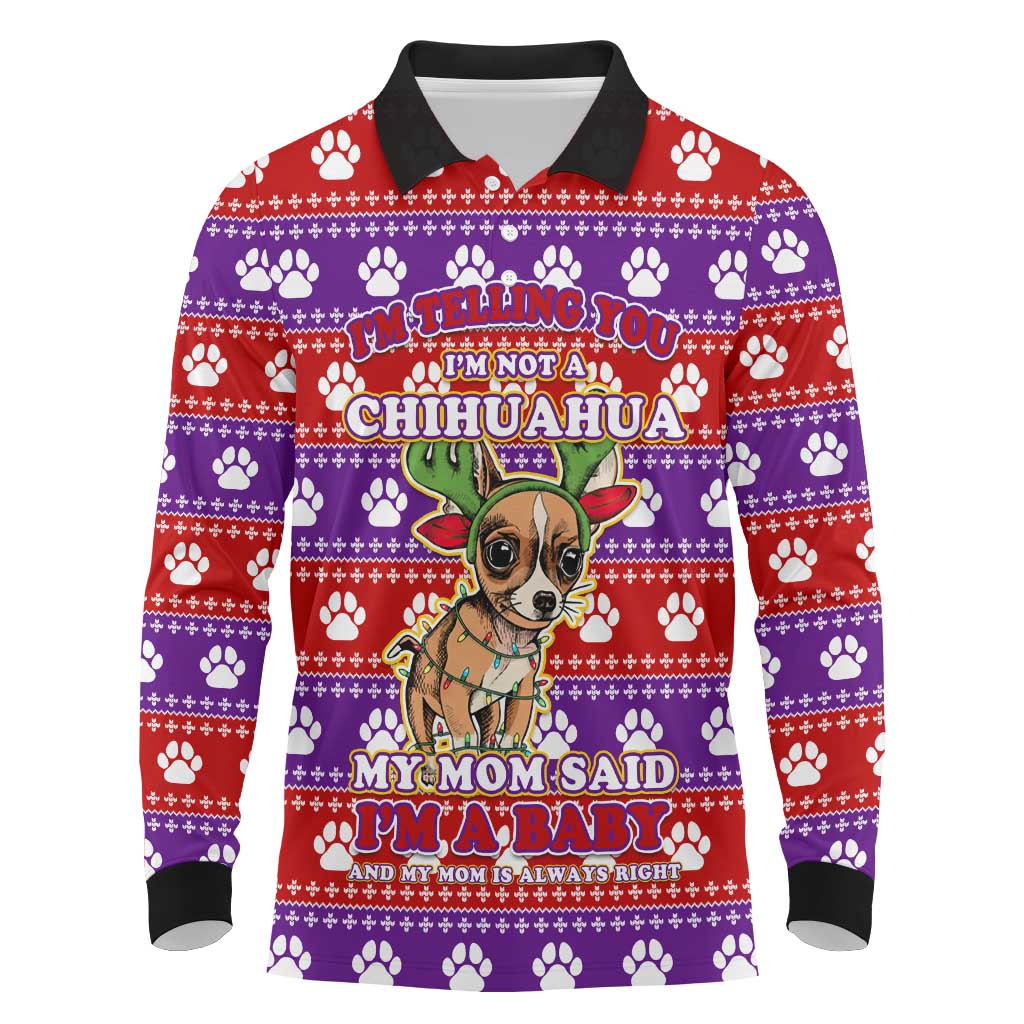 Chihuahua Christmas Long Sleeve Polo Shirt with I’m Not a Chihuahua I’m a Baby Quote and Red Purple Christmas Pattern - Wonder Print Shop