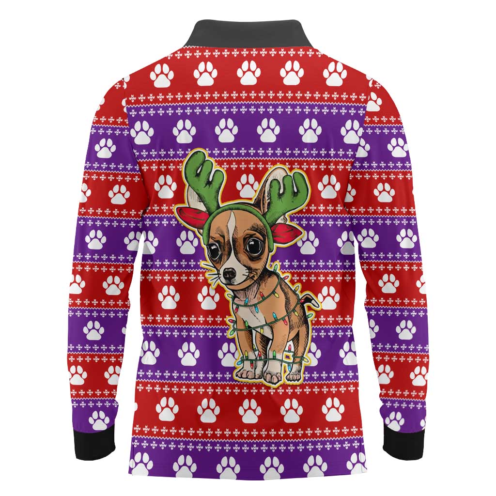 Chihuahua Christmas Long Sleeve Polo Shirt with I’m Not a Chihuahua I’m a Baby Quote and Red Purple Christmas Pattern - Wonder Print Shop