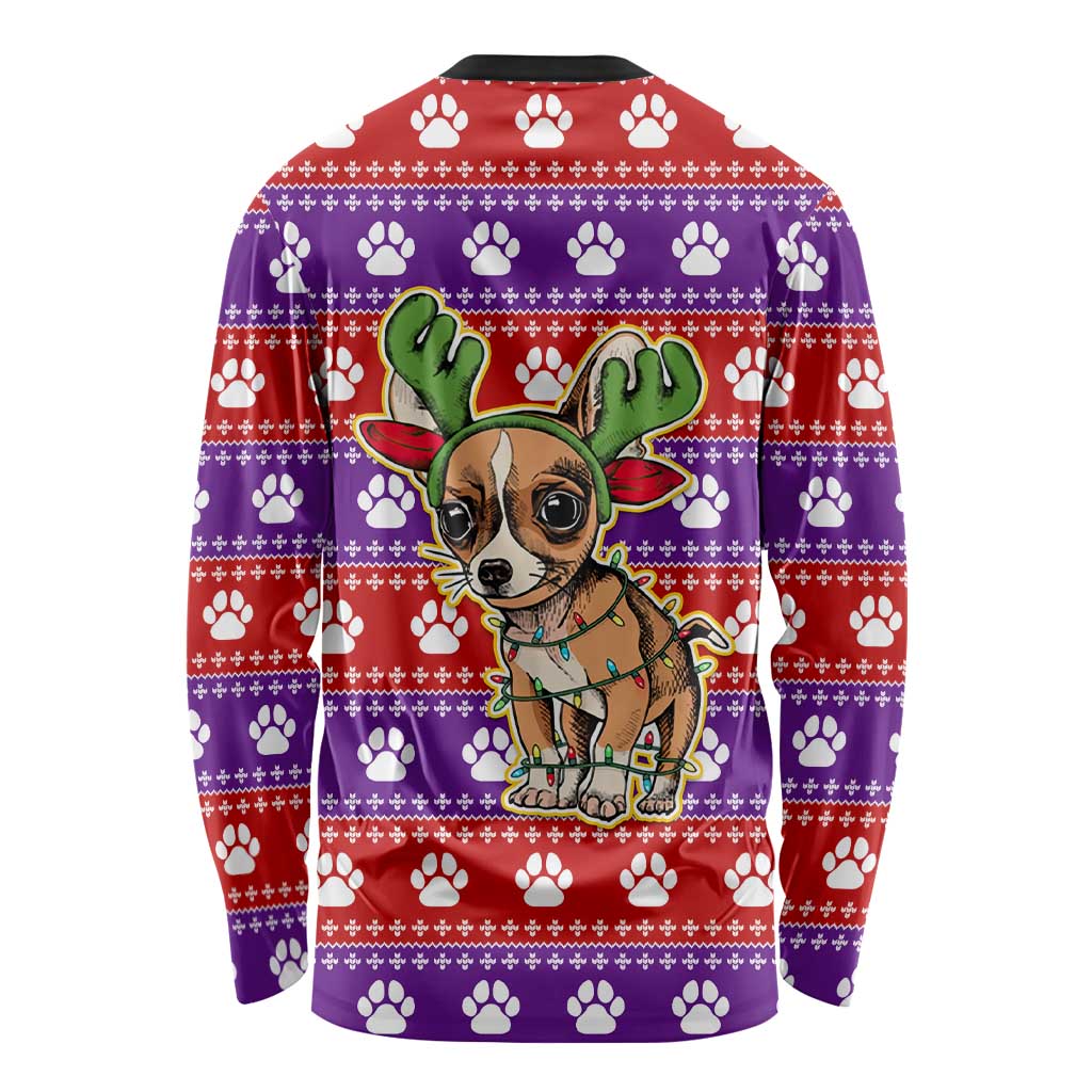Chihuahua Christmas Long Sleeve Shirt with I’m Not a Chihuahua I’m a Baby Quote and Red Purple Christmas Pattern - Wonder Print Shop