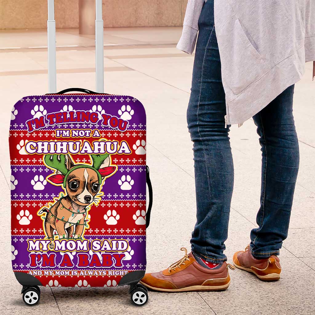 Chihuahua Christmas Luggage Cover with I’m Not a Chihuahua I’m a Baby Quote and Red Purple Christmas Pattern - Wonder Print Shop